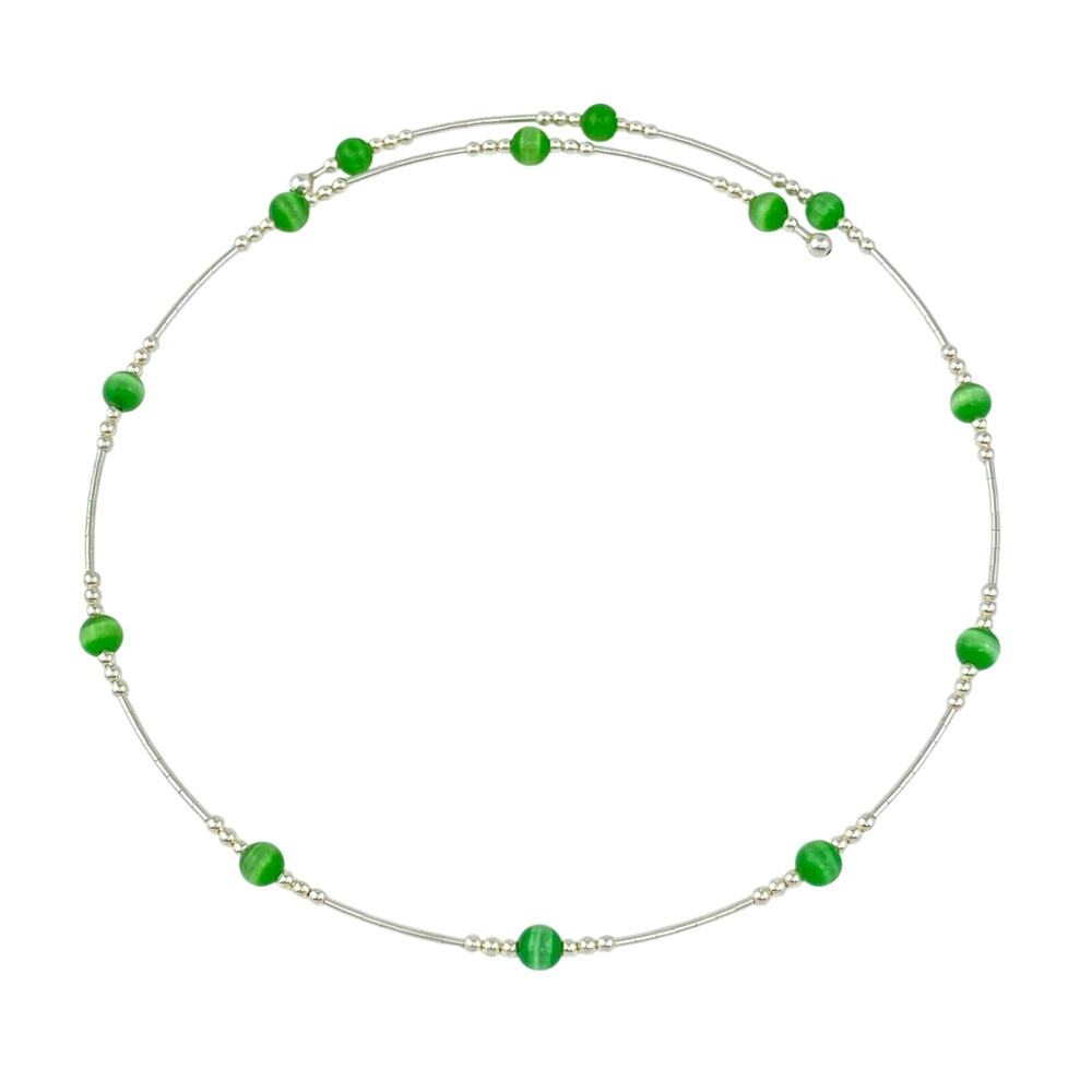 Vintage Sterling Silver 925 Green Cat’s Eye Memory Wire Necklace 16"